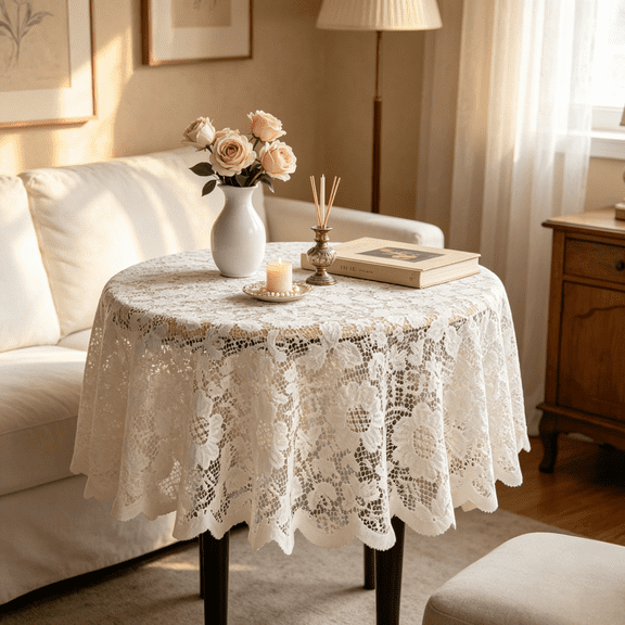 60 Inch Round Floral Lace Crochet Tablecloth Vintage Hollow Design Decorative Cover for Wedding Party Home Dining(White)
