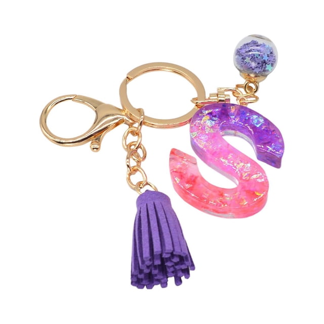 Hangs Pendant 2 Resin Glittering Letter Keychain with Color Stitching Flowing Design Purple Drop Glue English Character Key Chain