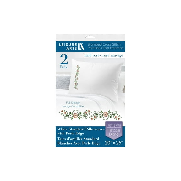 Leisure Arts Pillowcase 20"X26" Wild Rose 2Pc, Embroidery Pillow Kit, Stamped Embroidery Pillowcases, Pillow Cases Stamped, Stamped Cross Stitch Cases