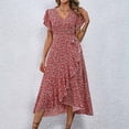 thumbnail image 2 of Vestido de Manga Corta para las Mujeres Corbata de Impresión Casual Cuello en V Irregular, Vestido de Verano para las Mujeres, 2 of 5