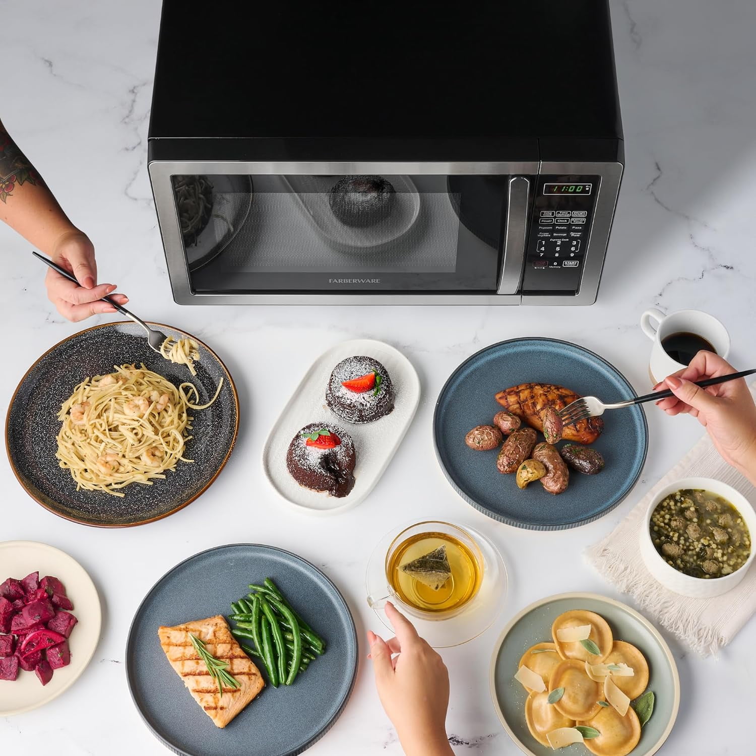 Farberware 1.1 cu ft Microwave Oven, 1000W Countertop Microwave Oven with LED Display, Stainless Steel