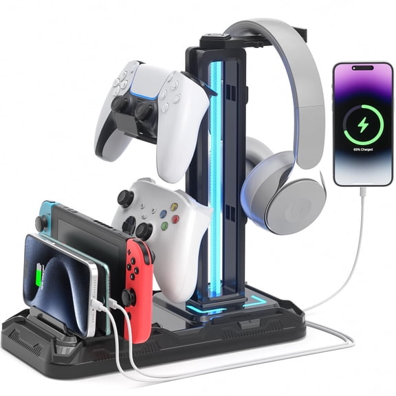 KDD Charging Station, Headphone Stand RGB, Controller Holder with USB A&C PC Gaming Accessories Storage