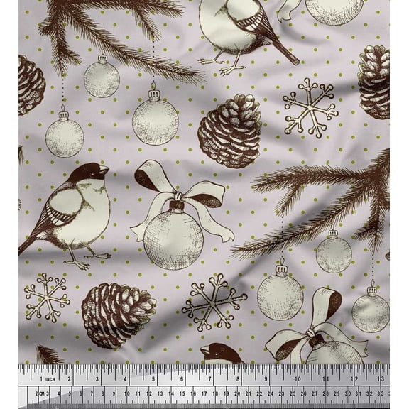 Soimoi Gray Cotton Jersey Fabric American Robin,Pinecone & Baubles Christmas Print Sewing Fabric BTY 58 Inch Wide