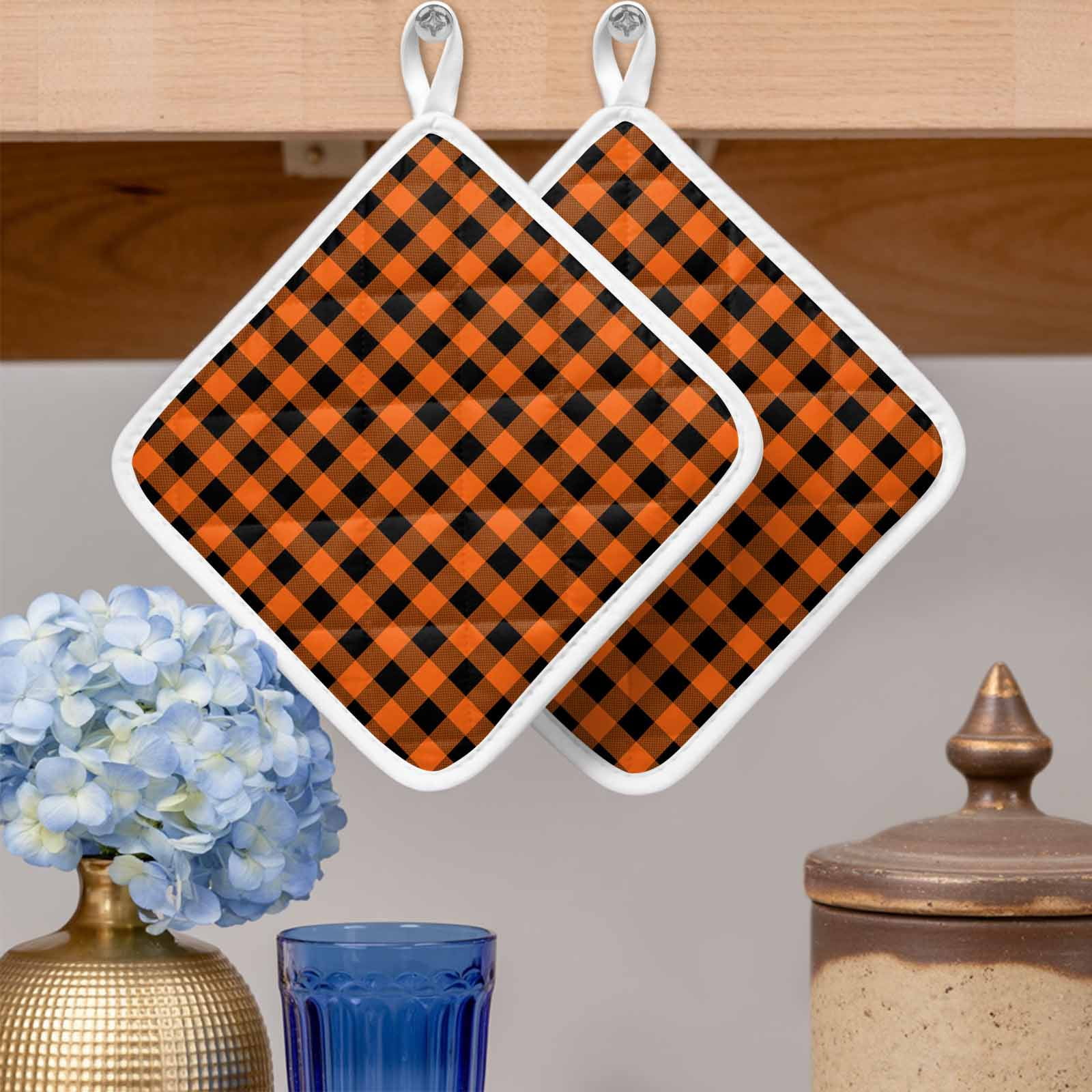 Farm Buffalo Plaid Pot Holders for Kitchen Heatproof Potholder, 2 Pack Orange Black Checkered Hot Pads Multipurpose Oven Pads Cloth Potholders Trivet for Cooking and Baking