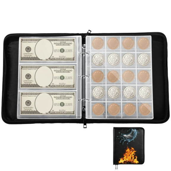 516-Pocket Fireproof Coin Folder, Zipper Closure Hard Shell for Coin & Banknote Storage Ideal for Coin Collectors and Banknote Enthusiasts