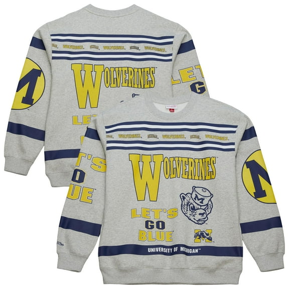 Men's Mitchell & Ness Heather Gray Michigan Wolverines All Over Print Sweatshirt