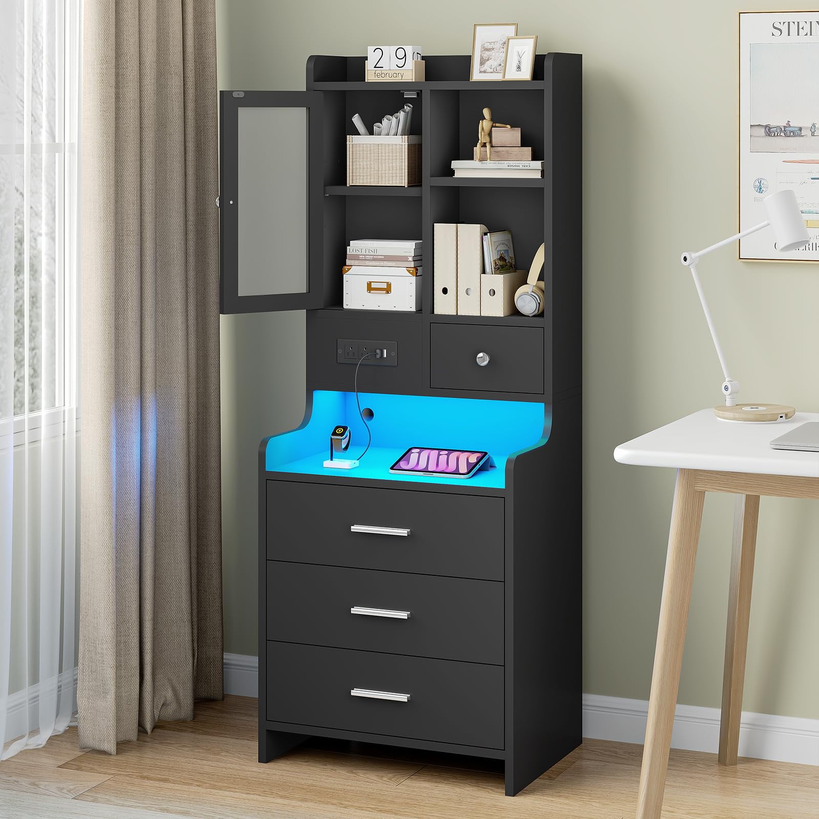 Afuhokles Tall Nightstand with Charging Station, Bedside Table with 4 Drawers, LED Night Stand with Bookshelf, Black