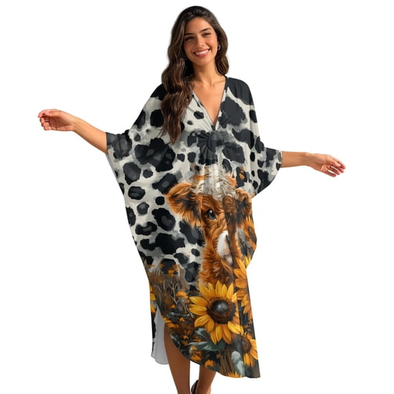 DISNIMO Kaftan Dress for Women Highland Cow Sunflower Print Plus Size V-Neck Beach Cover Up Batwing Sleeve Caftan Long Cover Ups for Bathing Suit Casual Loose Swimsuit Cover up
