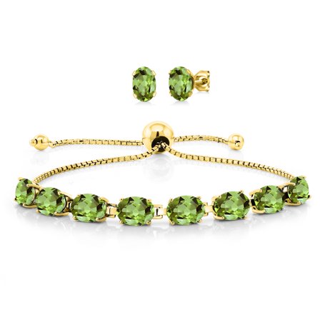 Gem Stone King 18K Yellow Gold Plated Silver Green Peridot Bracelet and Earrings Jewelry Set for Women (9.00 Cttw, Gemstone August Birthstone, Oval 7X5MM, Fully Adjustable up to 9 inch)