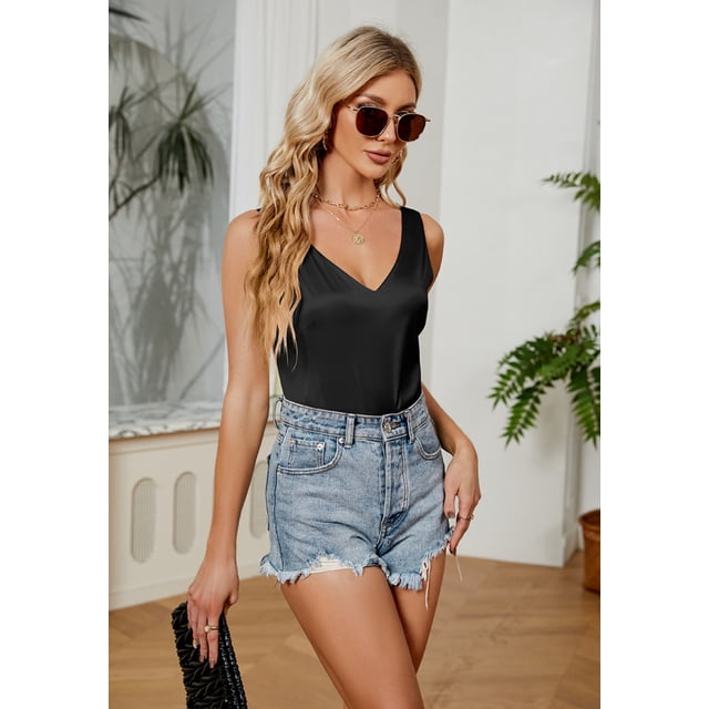 Blusa básica sin mangas de satén para mujer, estilo informal