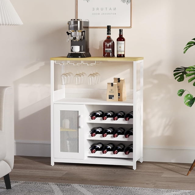 Ourlova 3-Tier Wine Bar Cabinet with Detachable Wine Rack and Storage Space Buffet Cabinet with Glass Holder and Mesh Door for Kitchen Living Room and Bar White