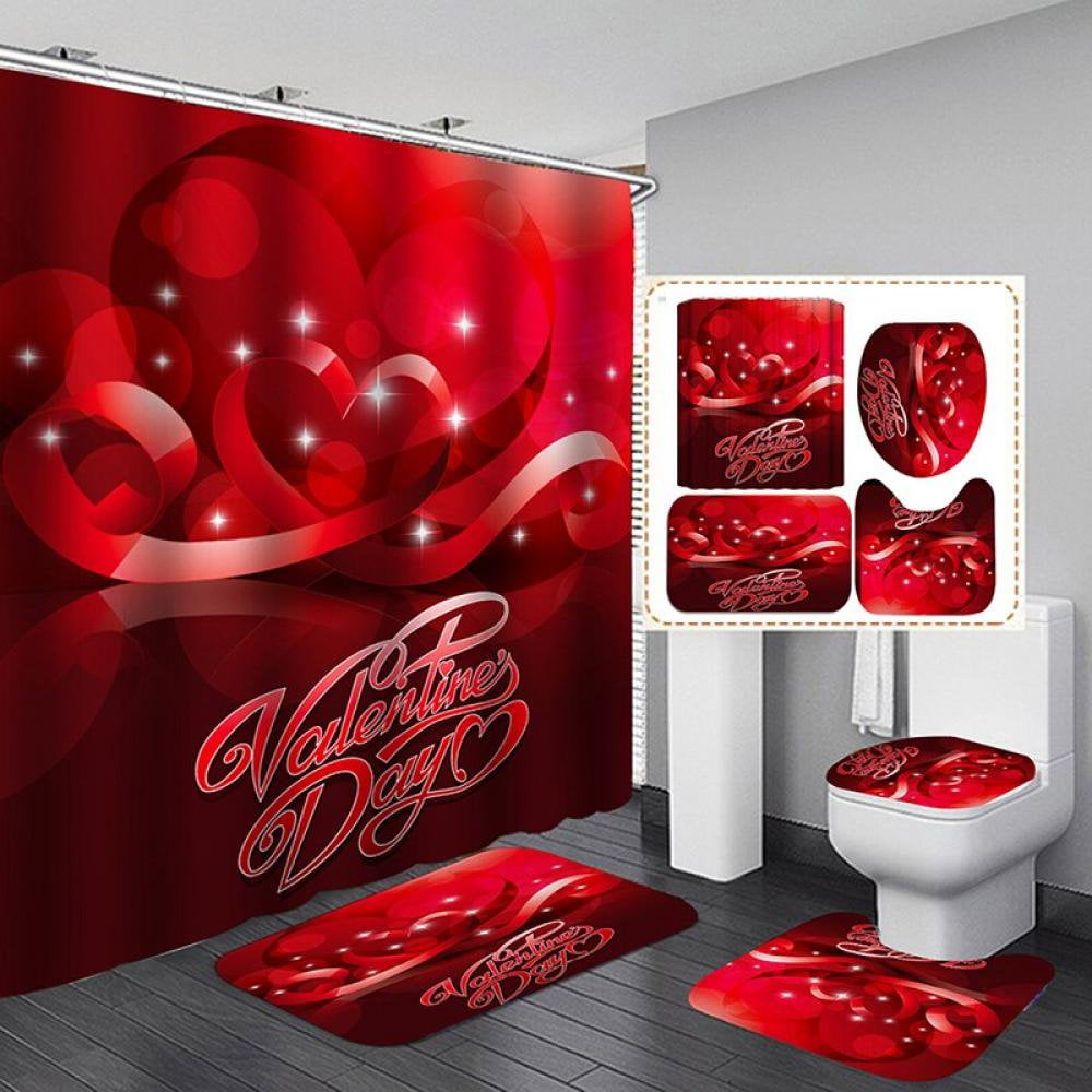 Ensemble de Rideau de Douche Imperméable Imprimé Cœur d'Amour 3D de 16 Pcs Ensemble de Salle de Bain avec Tapis de Salle de Bain Tapis de Base Tapis de Toilette Rideau de Douche