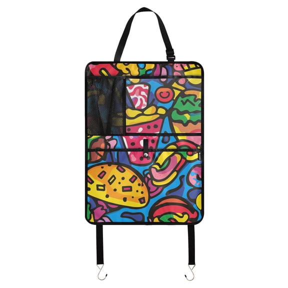 Colorful food doodle art fun Car Seat Back Kick Protectors,56 Pack Kick Mats with Storage Pockets for Vehicles to Protect from Dirt, Mud & Scratches
