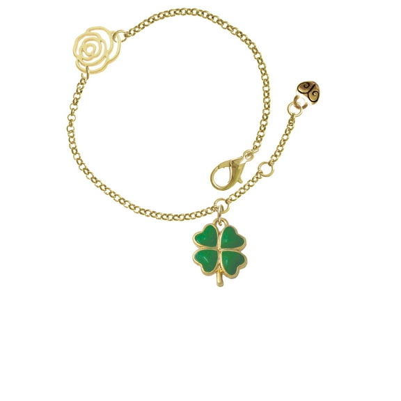 Delight Jewelry Goldtone Opaque Green Lucky Four Leaf Clover Gold-tone Rose Link Chain Bracelet, 6.25" 1.75" Extender