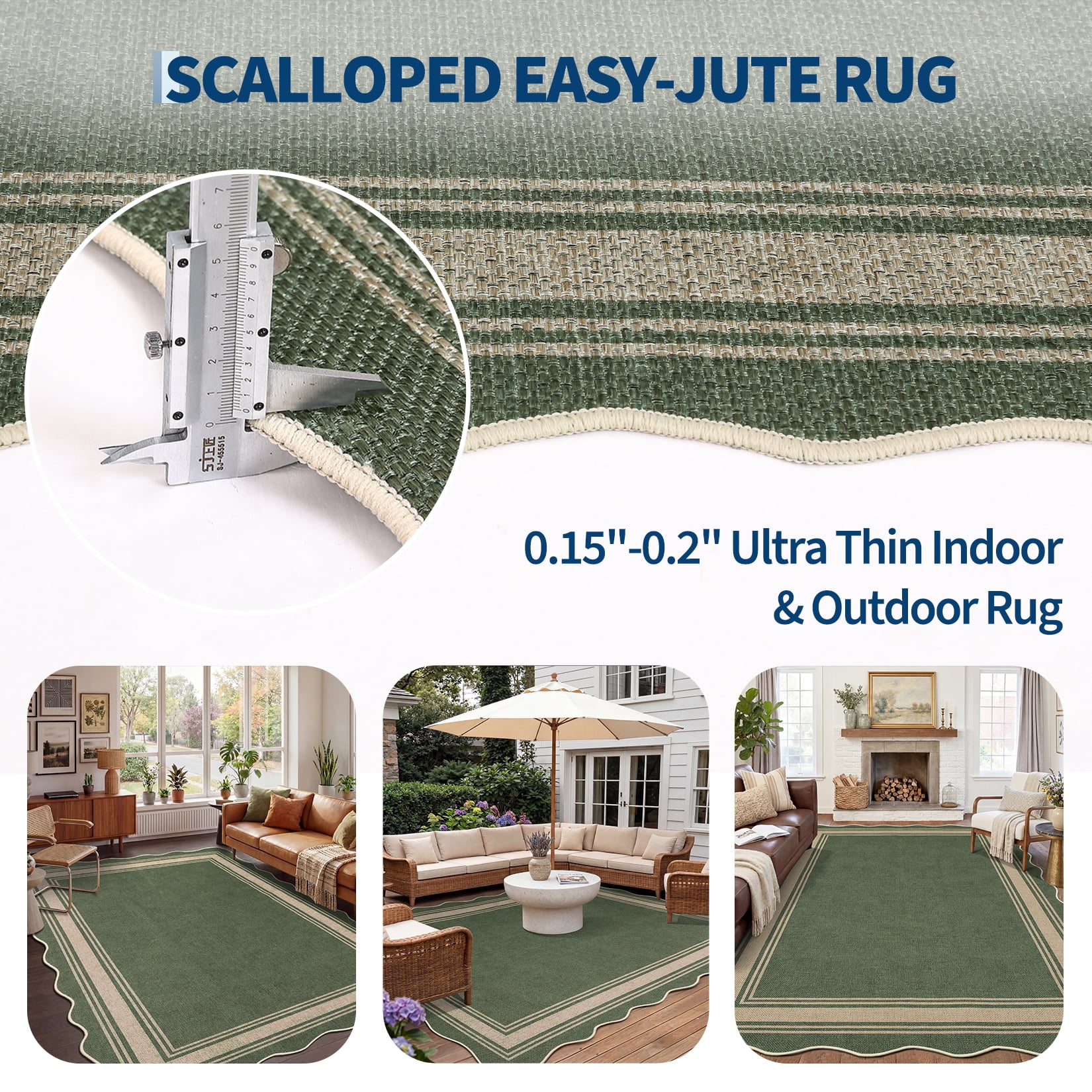 Garvee 2'x6' Scalloped Washable Indoor Outdoor Rug Natural Jute Carpet, Non Slip Low Pile Rug for Patio, Living Room, Bedroom, Home Decor, Green