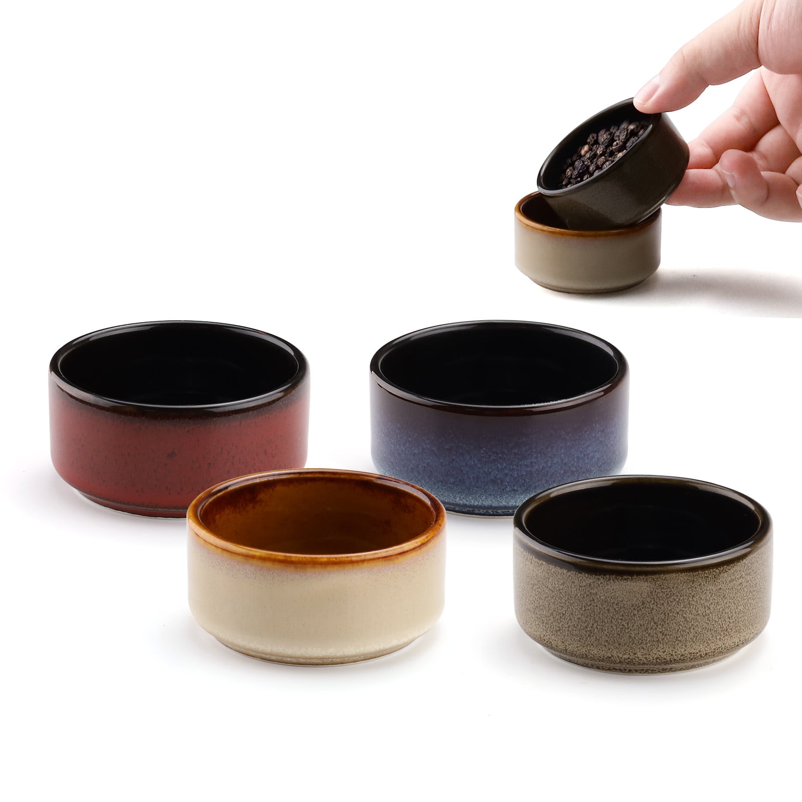 1.4 Oz Small Ceramic Bowls, Mini Porcelain Soy Sauce Dish, Handmade Condiment Dipping Bowls for Serving Ramekins Snack Ketchup Mayonnaise Seasoning Dessert Appetizer, Set of 4 (Colorful)