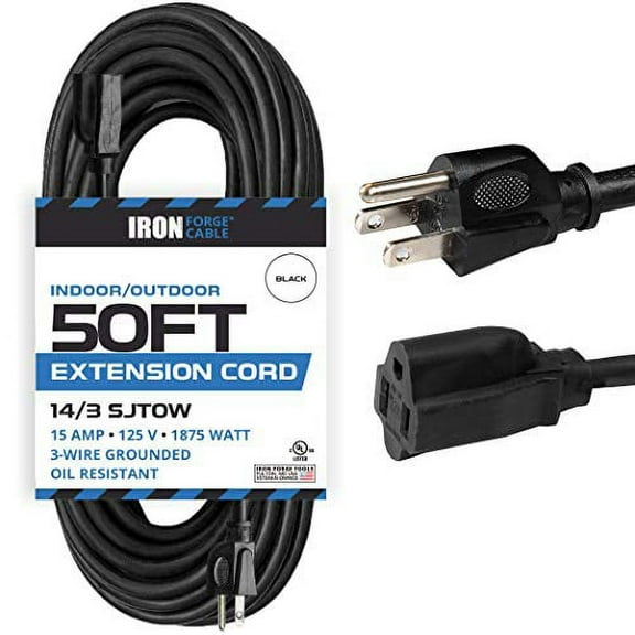Iron Forge Cable 14 Gauge Outdoor Extension Cord 50 Ft, SJTOW 14/3 Heavy Duty Black Extension Cord 3 Prong, Oil Resistant & Flame Retardant