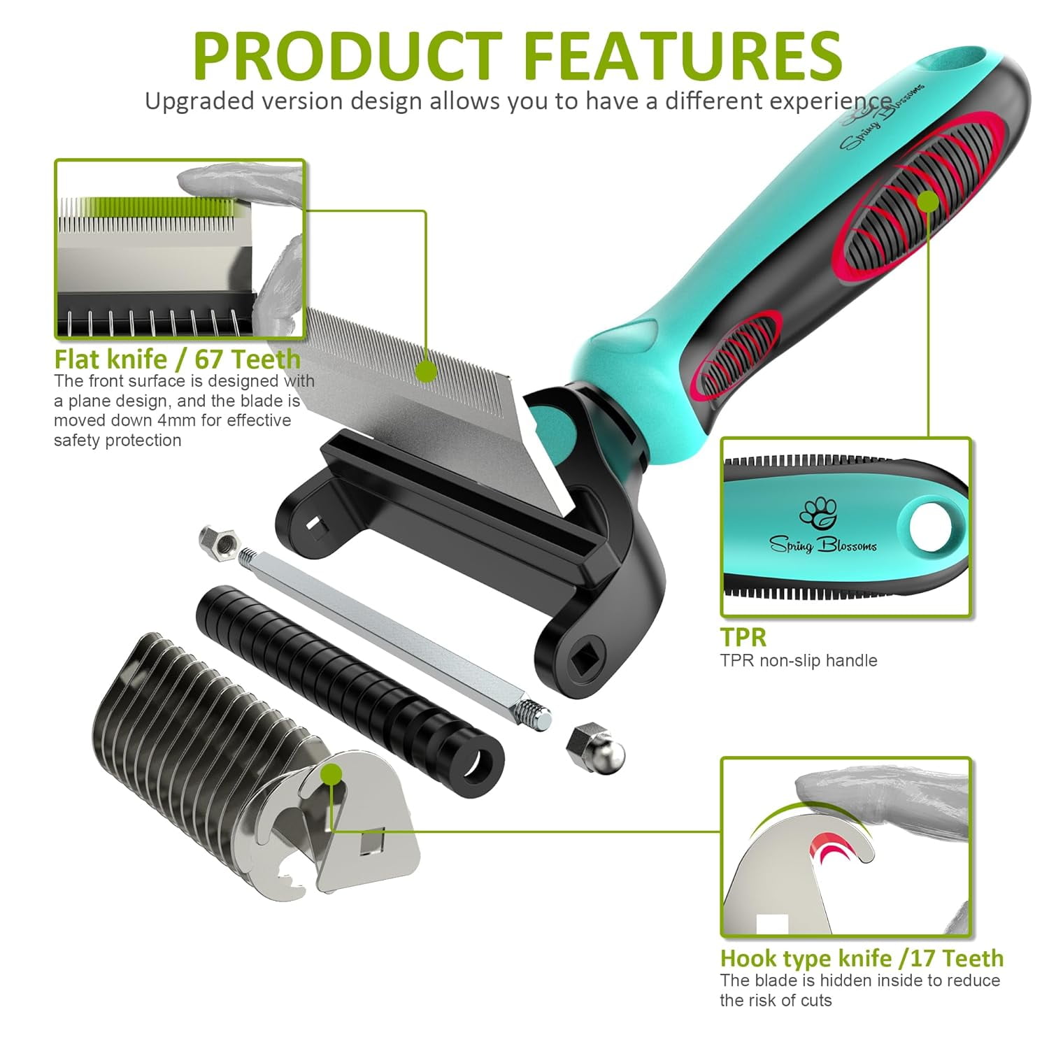 Spring Blossoms-2 in 1 Professional Grooming Rake for Cats & Dogs-Dematting Comb for Easy Mats & Tangles Removing,Hair Removal Cleaner for Pets(Cyan)