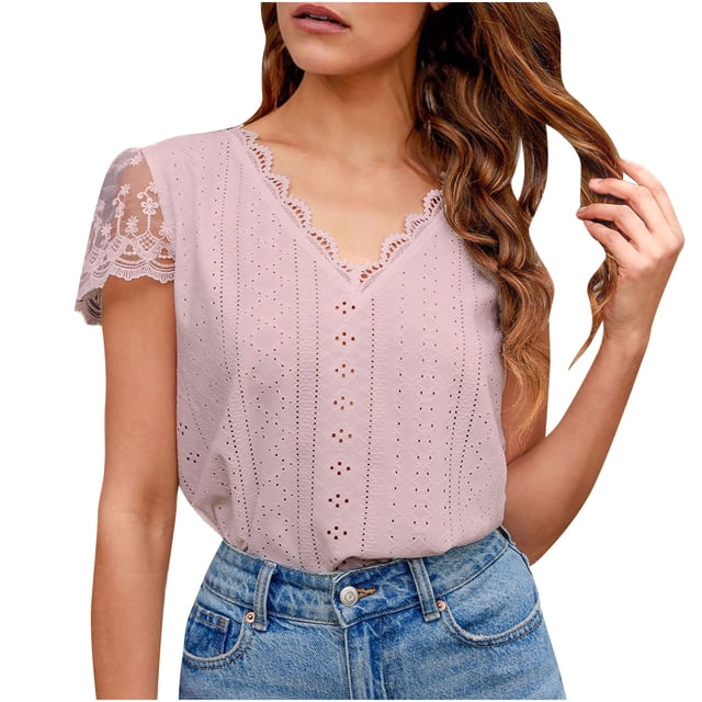 Birdeem Mode Femmes Décontracté Couleur Unie Col en V Dentelle Couture Manches Courtes Blouses Amples