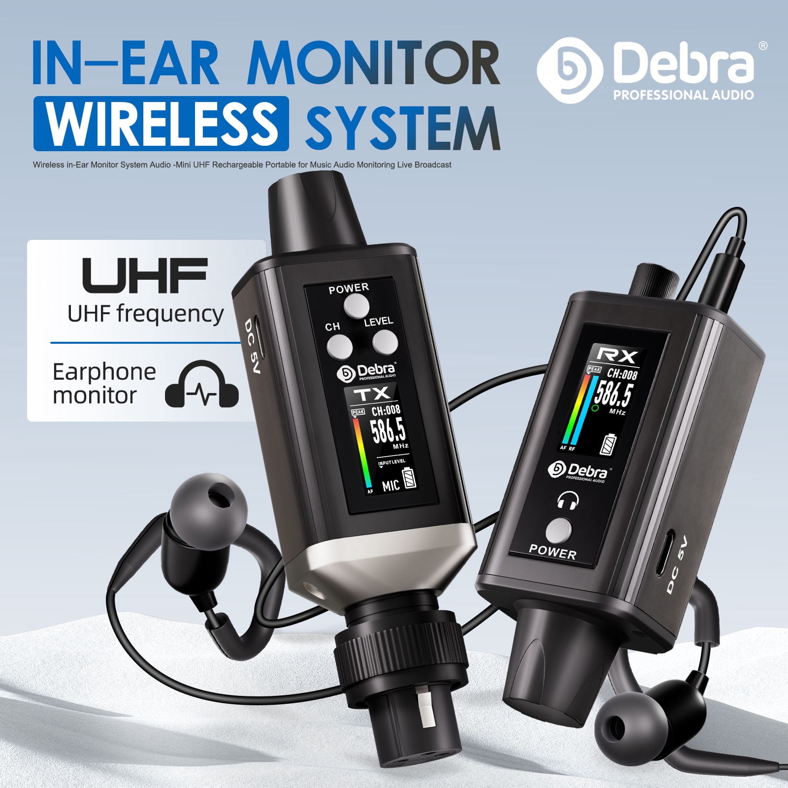 D Debra Audio PRO EMX-1 UHF Mini Wireless In-Ear Monitor System, Rechargeable with Monitor Type for Stage, Band, Studio, Musician, Monitor (1 Transmitter & 1 Receiver)