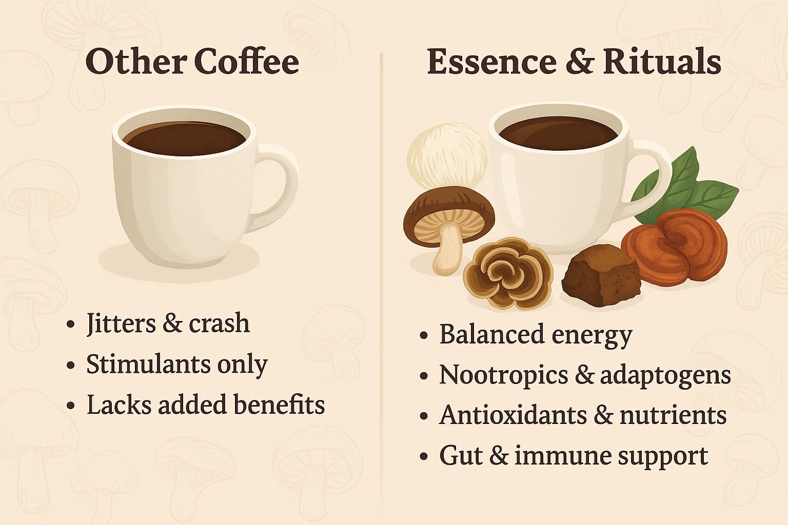 Essence & Rituals Mushroom Coffee Blend- Decaffeinated/Caffeinated Instant Coffee with Lion's Mane, Reishi, Chaga, Cordyceps- Gut, Brain, Focus & Energy Support- 30 Servings (Caffeinated)