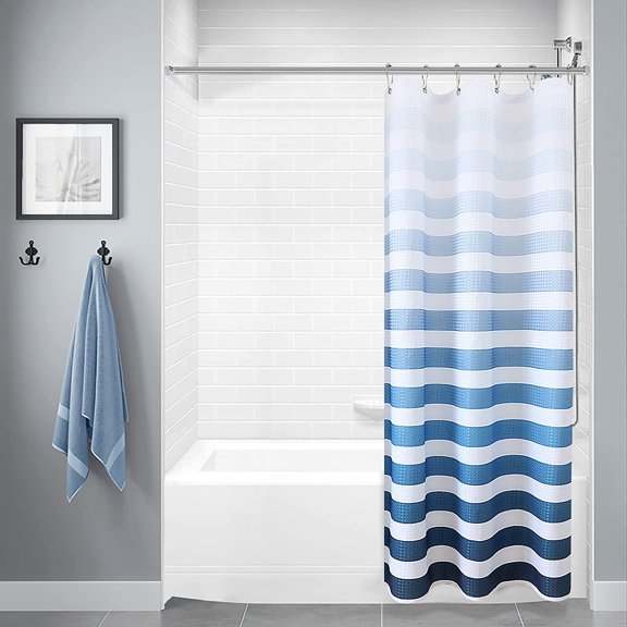 Striped Geometric Pattern Bathroom Curtains, Ombre Shower Curtain, Waterproof Shower Curtain Liner with 12 Hooks, Machine Washable (36" W x 72" L, White Blue)