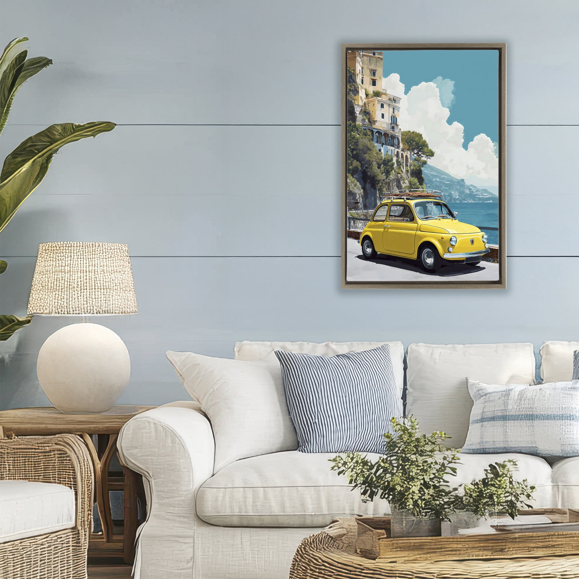 Stupell Industries Yellow Car on Coast Brown Framed Floater Canvas Wall Art, design by Petal Prints Design