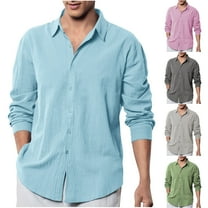 UVEASISHA Prime Sales Today Mens Solid Color Button Down Shirt Lightweight Long Sleeve Lapel Shirts Loose Fit Casual Beach Shirt 2025 Summer Wedding Dress Shirts Sky Blue M
