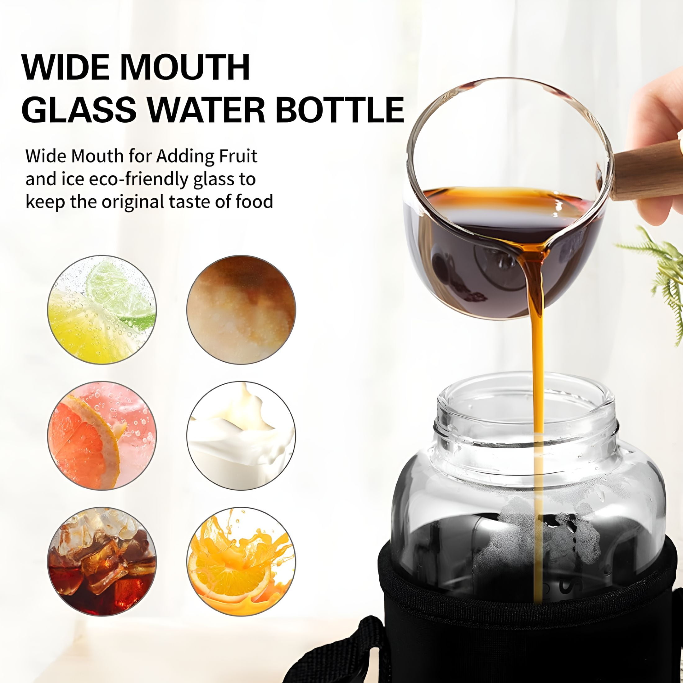 ACDANC 40oz Glass Water Bottles - Large, Clear, Borosilicate Glass Water Bottle with Stainless Tea Infuser - Cup-Function Lid, Neoprene Sleeve, Strap - Wide Mouth BPA free, for Tea, Beverages, Juice