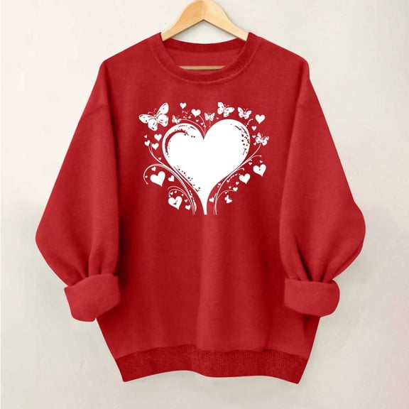 Zyloft Valentine Sweaters for Women Valentine Sweatshirt Women's Heart Print Blouses Long Sleeve Round Neck Hoodless Casual Fashion Sweatshirt Red XS