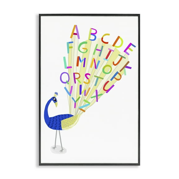 Stupell Industries Peacock Alphabet Feathers Animals & Insects Painting Black Framed Art Print Wall Art, 16 x 24
