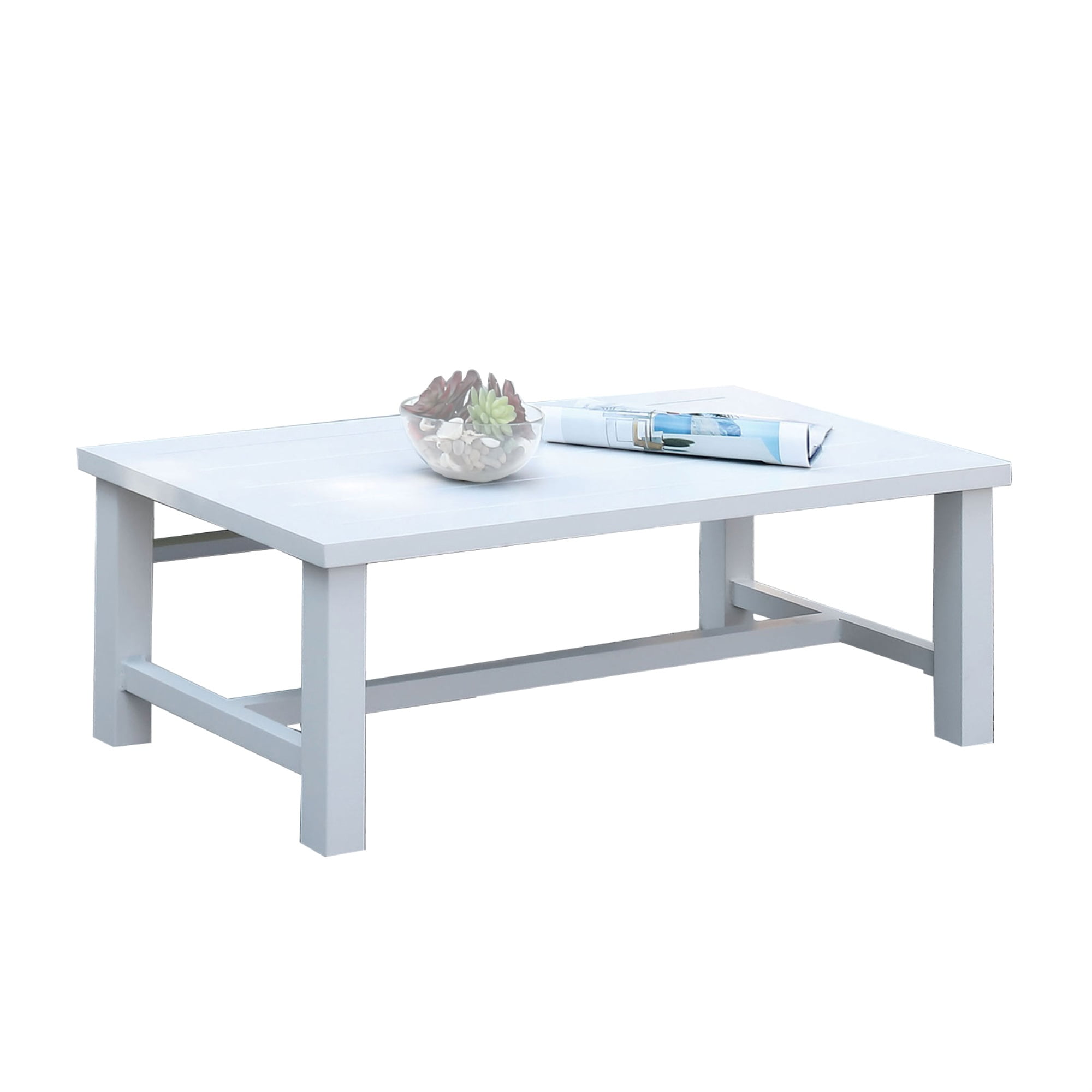 Outdoor Metal Coffee Table with Plank Style and Trestle Base, White