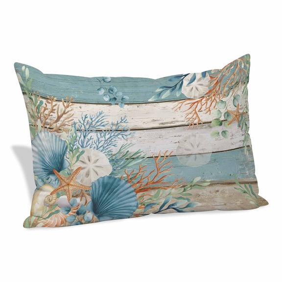 Teal Brown Beach Coastal Pillow Covers, Linen Long Throw Pillow Case, Summer Nautical Coral Shell Botanical Vintage Holiday Pillow Protector Decorative Cushion Cover for Living Room/Bedroom 20" x 30"