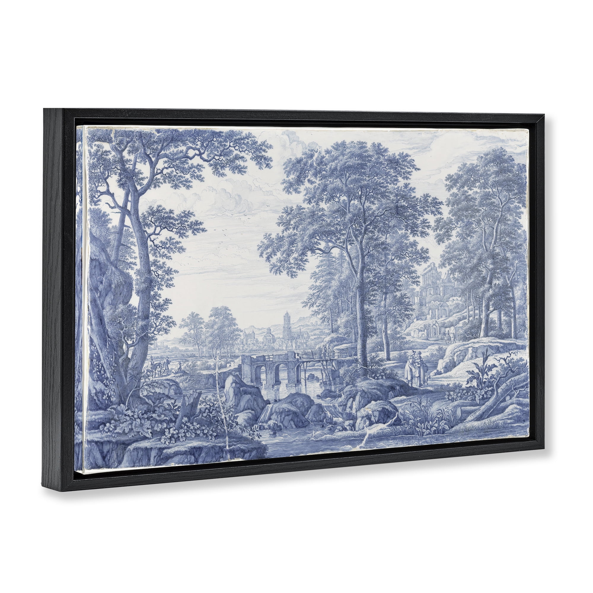 Vintage Blue Tinted Toile Black Framed Floater Canvas Wall Art, design by Vintage Hustle