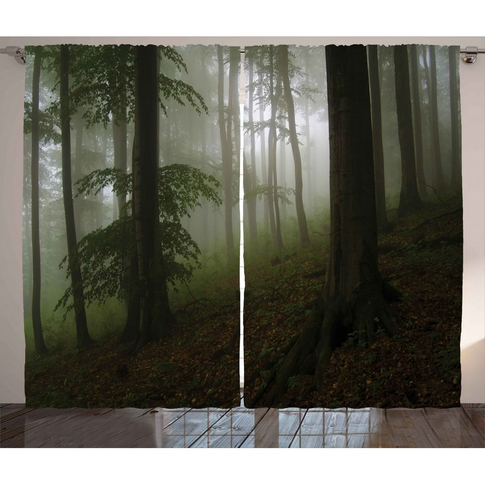 Forest Curtains 2 Panels Set, Mysterious Woods with Fog Wilderness Rural Untouched Vegetation