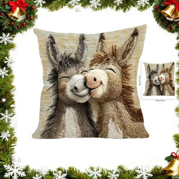 Cute Donkeys Embroidery Throw Pillow Covers for Sofa or Bedroom, Decorative 18-inch Pillowcases for Living Room, Unique Home Decoration for Holiday