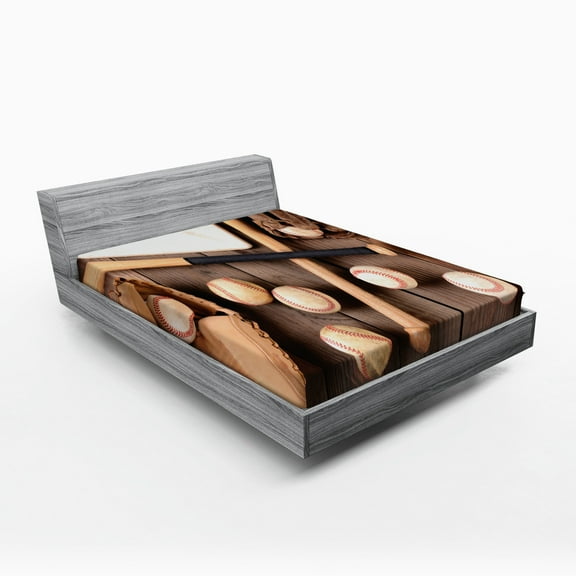 Baseball Fitted Sheet, Sports Themed Close up Photo of Bats Balls and Gloves Top Vista, Soft Decorative Fabric Bedding, Queen Size, Brown Pale Brown, by Ambesonne