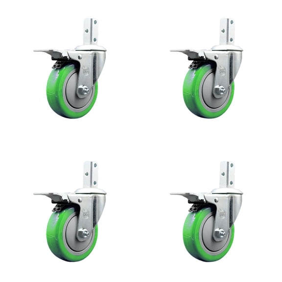 4 Inch Green Poly Wheel Swivel 7/8 Inch Square Stem Caster Set Total Lock Brake