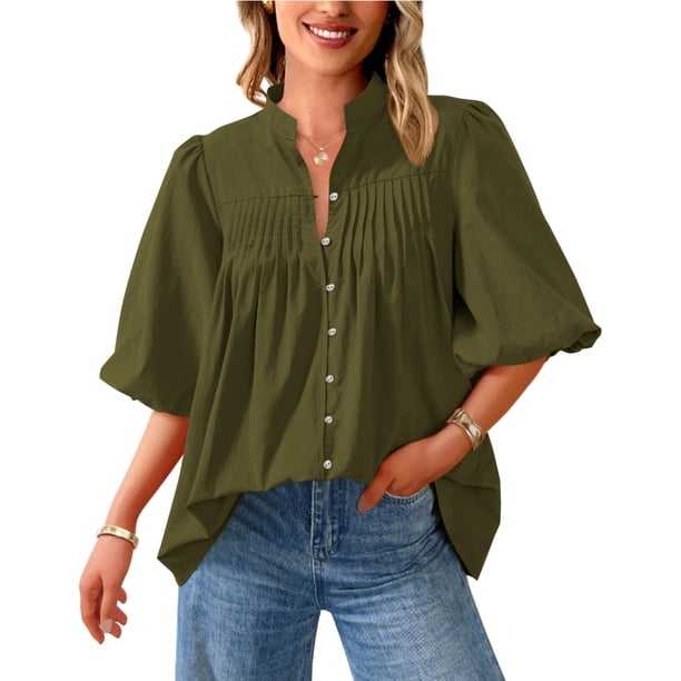 Blusa PRETTYGARDEN para mujer, verano 2025, manga corta, cuello en V