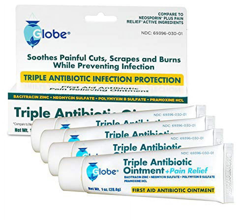 GLOBE Triple Antibiotic + .. Pain Relief Dual Action .. Ointment 1oz, First Aid .. Antibiotic, Soothes Pain, Cuts, .. Burns and Scrapes, 24 .. Hour Infection Protection (4 .. Pack)