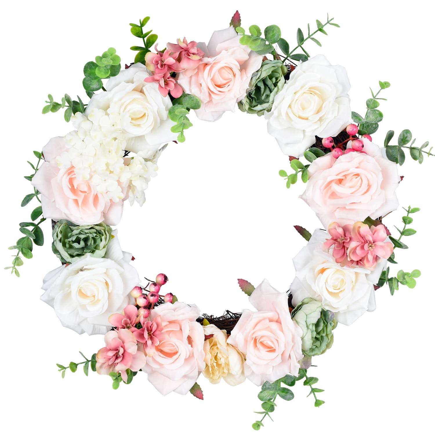 FLAMEER Pair of Handmade Rose Floral Twig Wreath 13 Inch Artificial Heart Shaped Flowers Garland Front Door Wreath Wedding Party Decor Rose