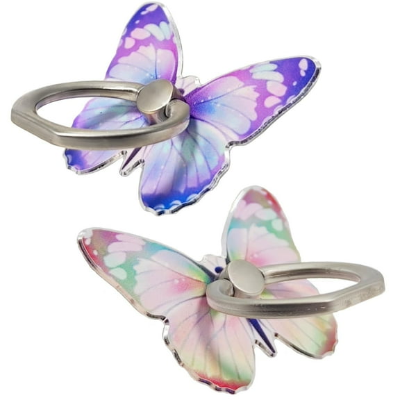 Cell Phone Ring Stand Holder, Butterfly Design Finger 360° Rotating Metal Stand Holder with Adjustable Knob Loop (Purple, Yellow)
