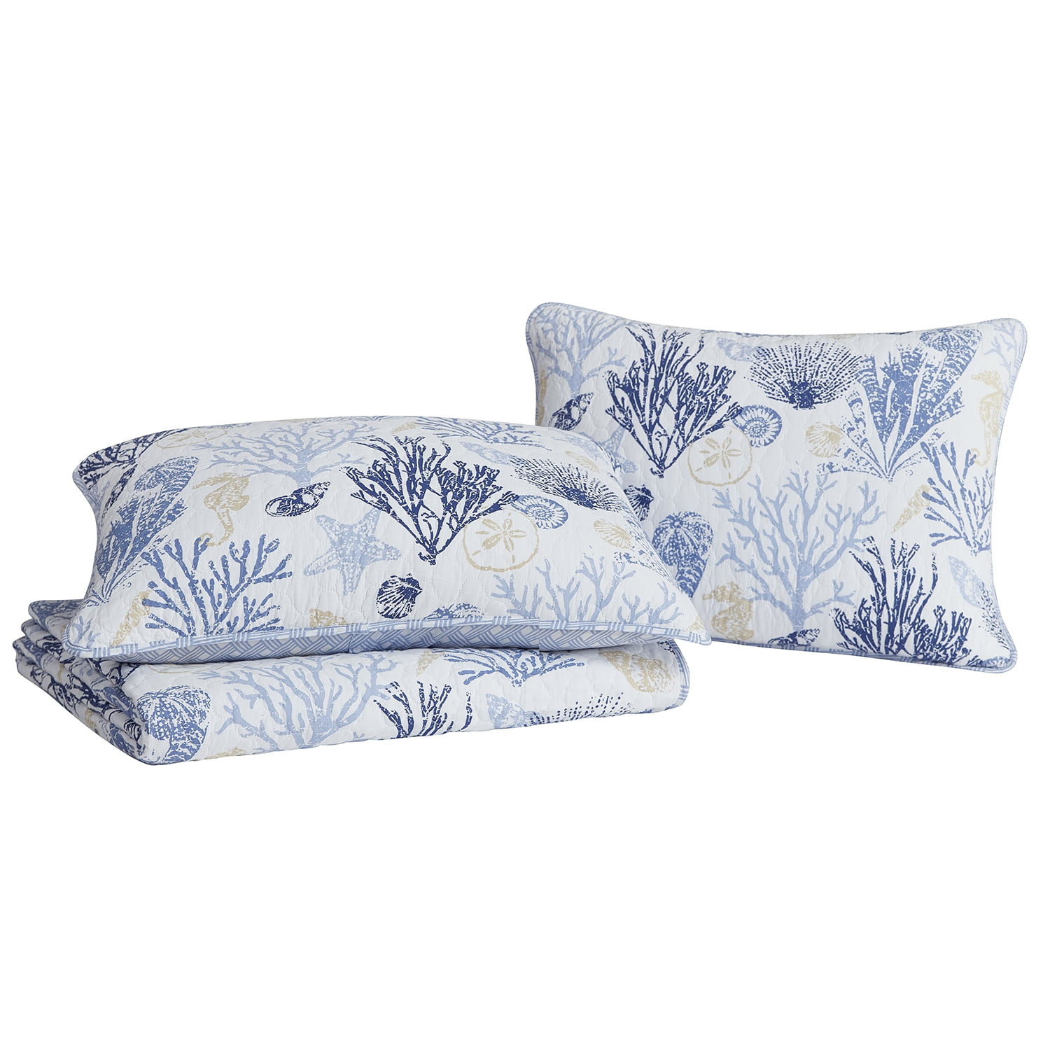 Key West Blue/Tan 3 Piece Cotton Quilt Set - Full/Queen