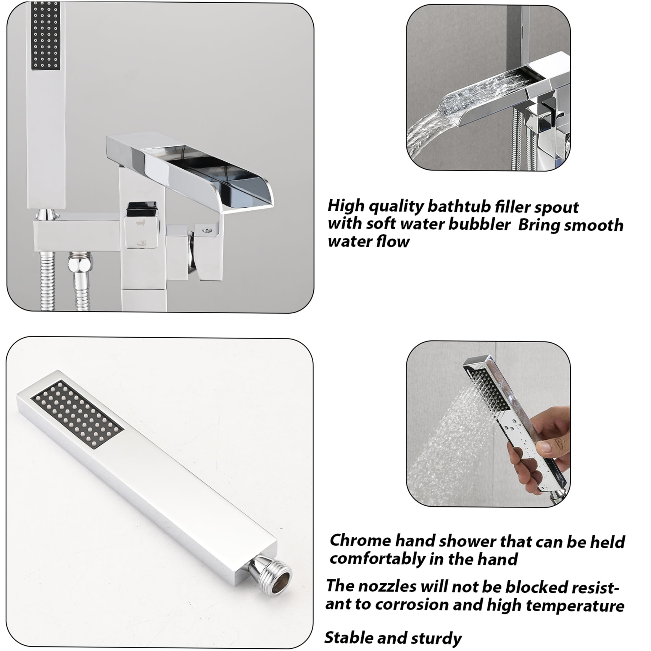 JERFIT Floor Mounted Freestanding Bathtub Faucet Set with Hand Shower, Chrome Waterfall Tub Filler, Single Handle Stainless Steel Floor Mount Faucet