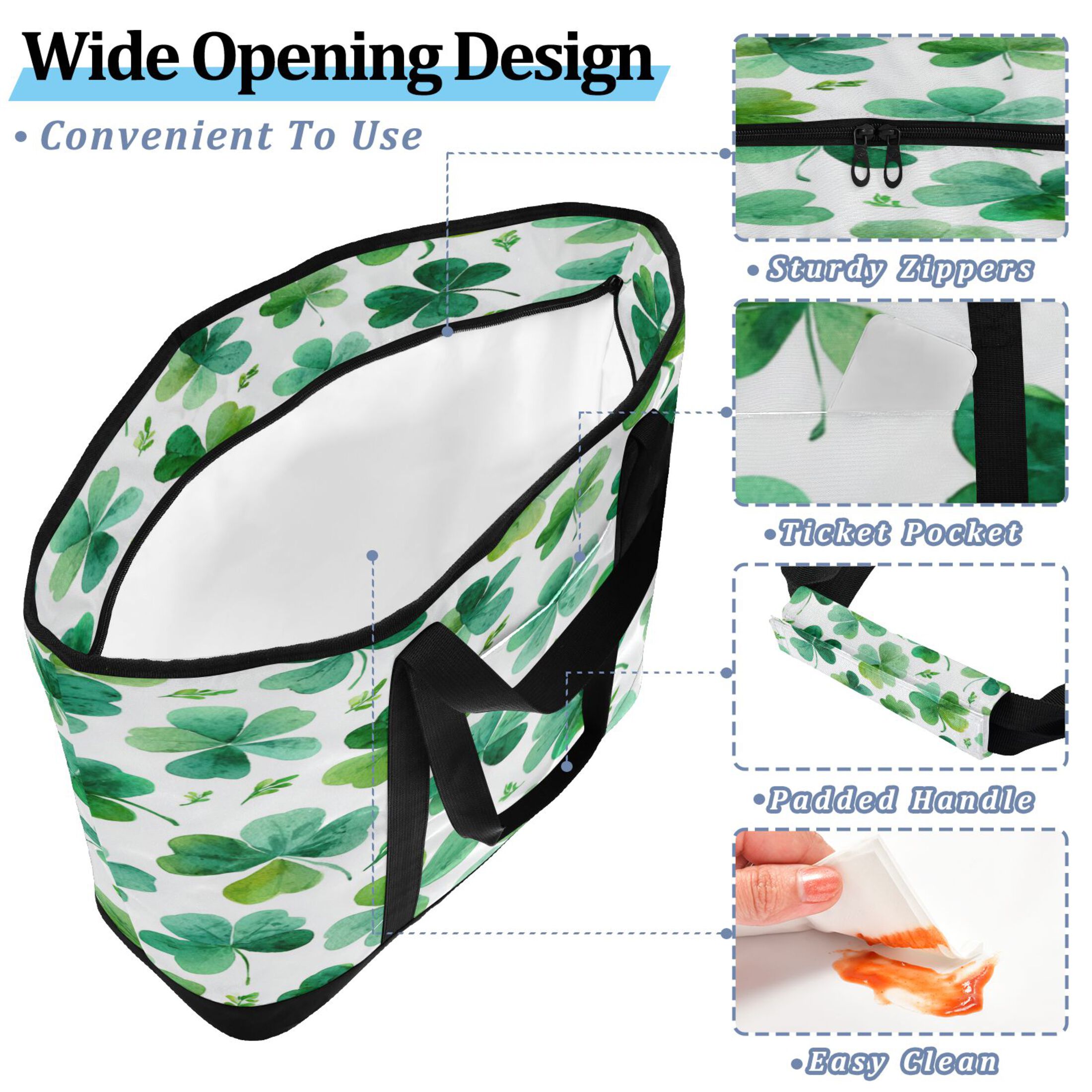 Extra-Large Wide Opening Design Capacity Hand-Held Ice Pack Thickened Insulation Layer For Long-Lasting Cold Retention For Outdoor Shopping Picnics And Camping Shamrocks and Clovers Pattern