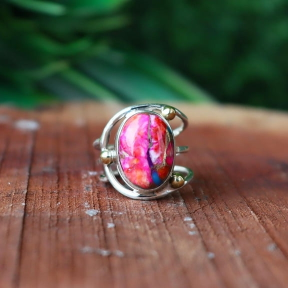 Pink Mohave Copper Turquoise Ring, 925 Sterling Silver, Statement Ring, Handmade Boho Jewelry, Dainty Ring, Wire Band Ring, Women's Ring***