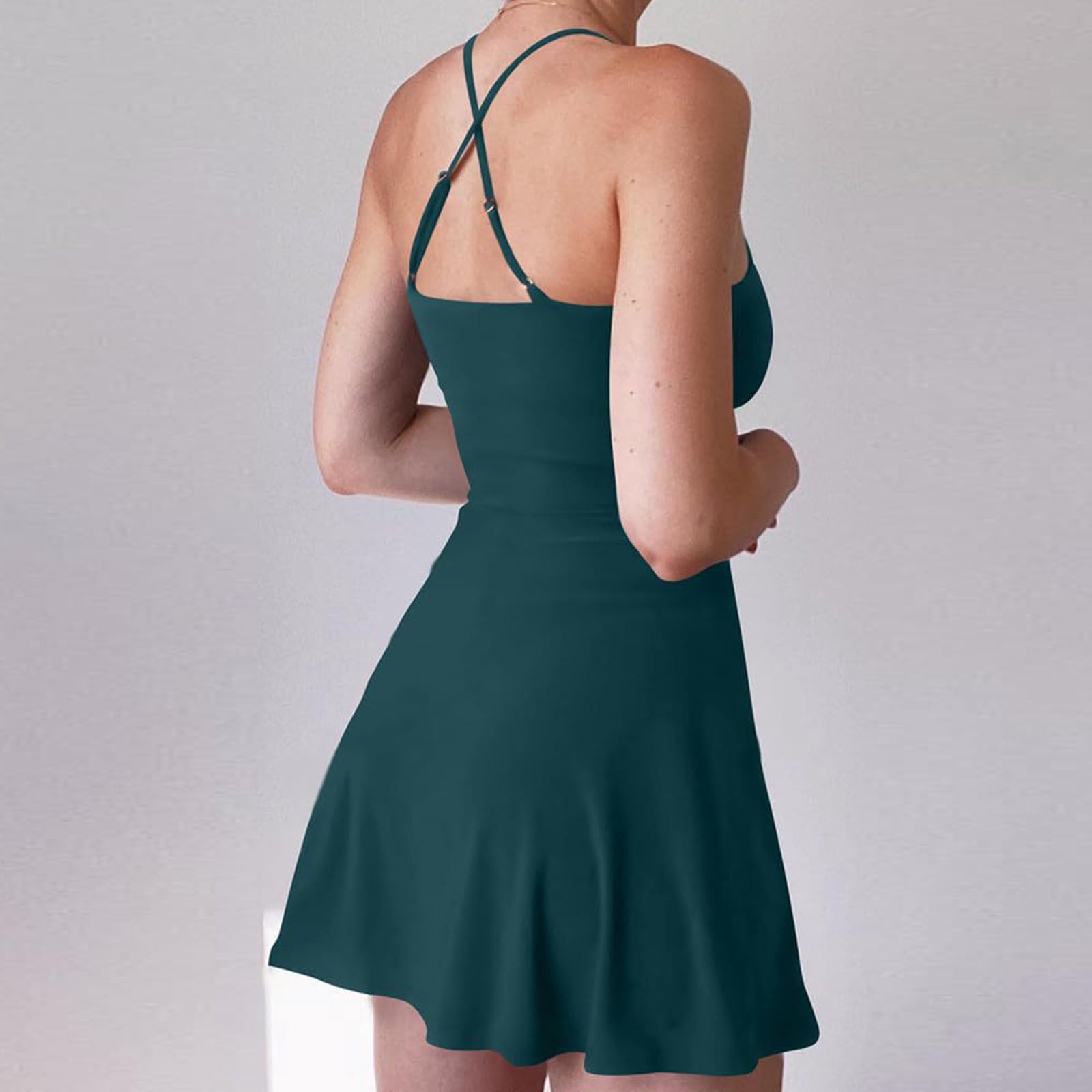Spaghetti Strap Tennis Dress for Women Cross Back Sleeveless Athletic A-Line Golf Mini Dresses Build in Shorts