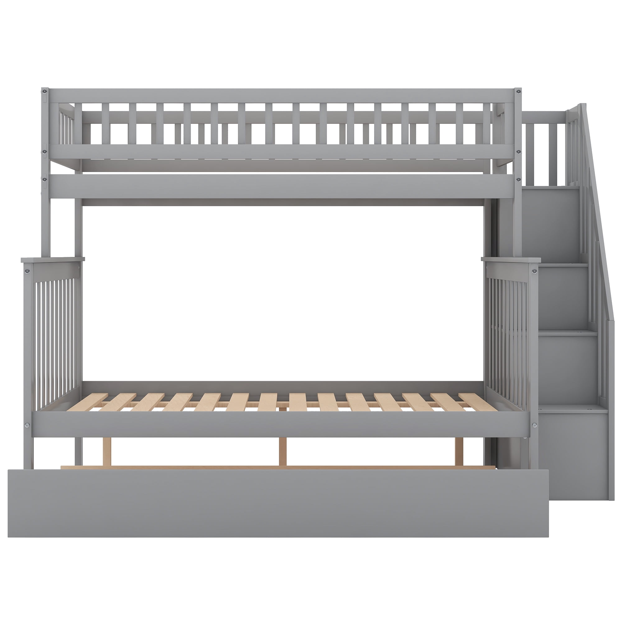 EUROCO Twin over Full Bunk Bed with Twin Trundle Bed and Storage Shelves for Kids, Three Beds with Storage for Kids Teens Adults, Gray