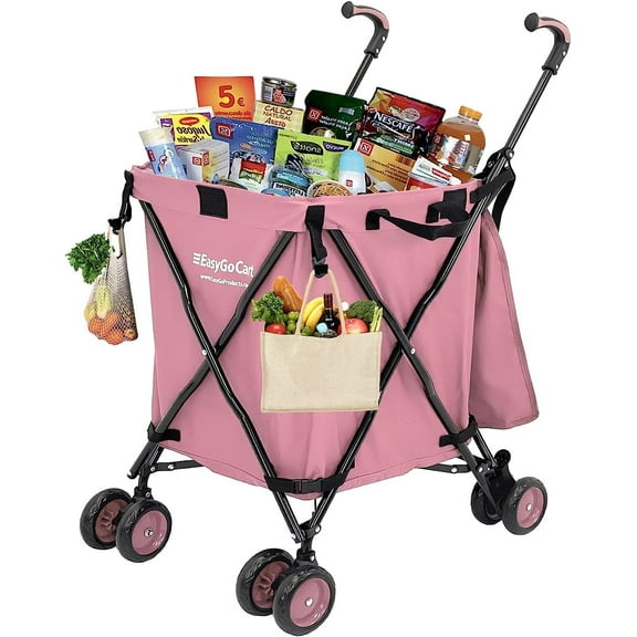 EasyGo Rolling Cart Folding Grocery Shopping Cart Laundry Bag with Wheels, Removable Canvas, 120lb Capacity, Basic Pink