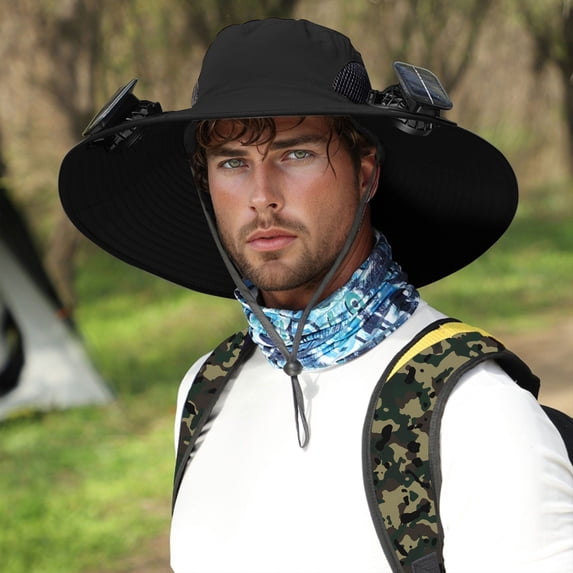 FUZHIQ Solar Fan Hat for Men Women Wide Brim Cooling Outdoor Hat Fishing Hiking UPF 50+ USB & Solar Powered,One Size